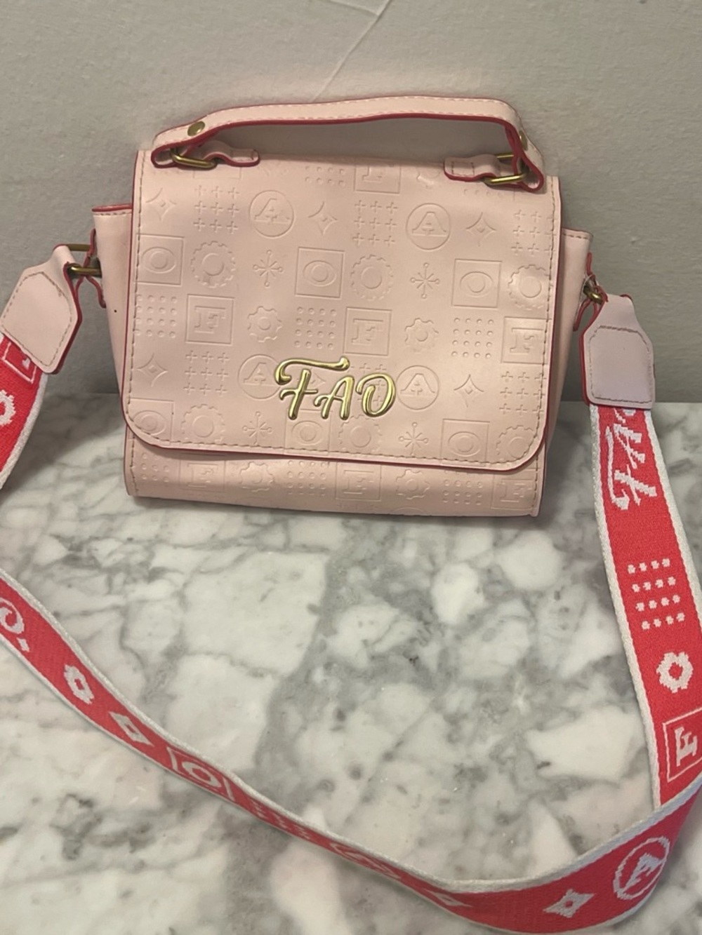 FA Blush Embossed Crossbody Bag with Red Accent Strap
